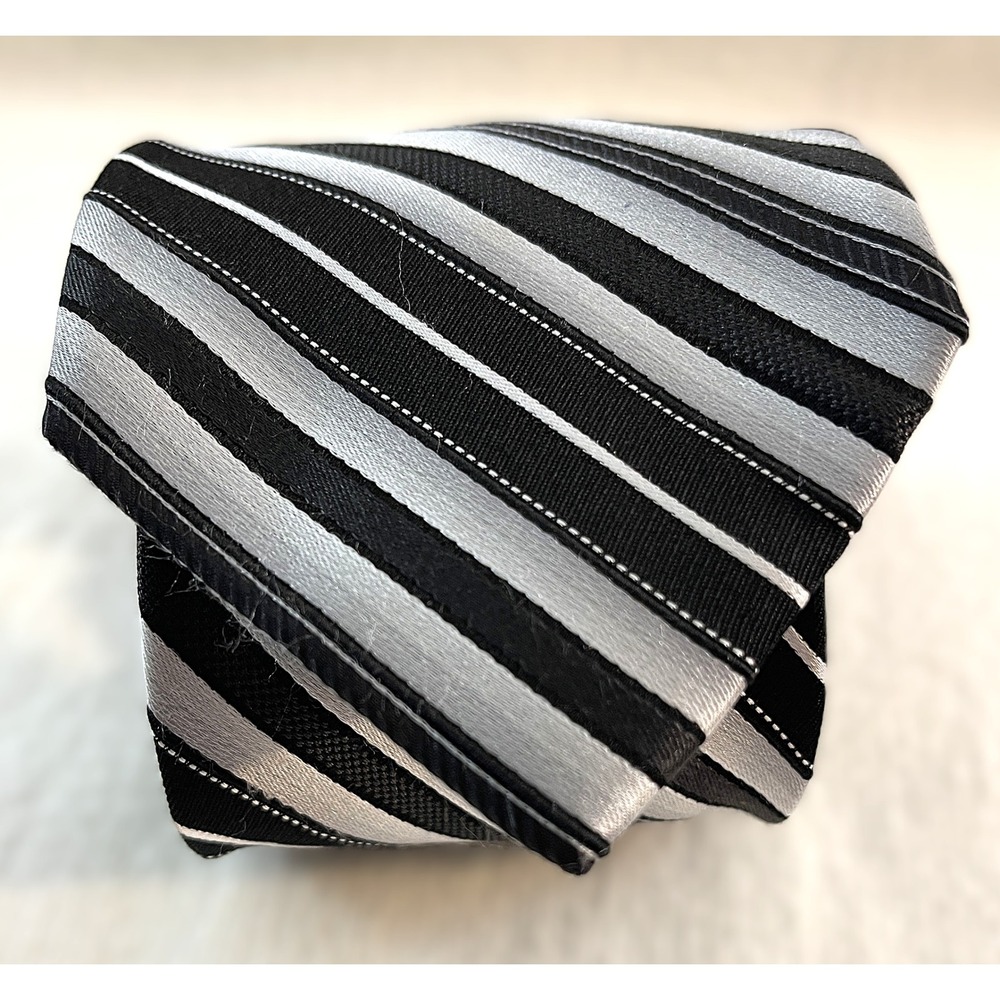Bruno Piattelli Roma Mens Silk‎ Necktie Black Gray Striped Handmade
